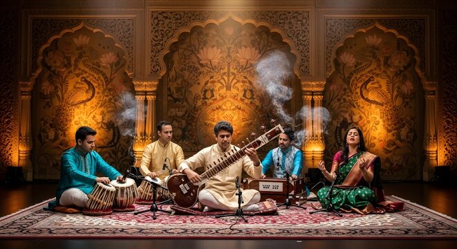 Enchanting Indian classical music ensemble performs, captivating with sitar, tabla, harmonium, and soulful vocals in ornate setting