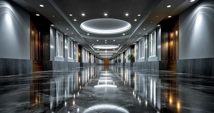 Empty Hallway Clean Lines Recessed Lighting Polished Floor