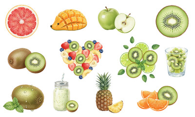 Vibrant Watercolor Collection of Fresh Citrus and Tropical Fruits