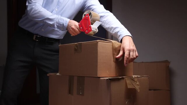 Man sealing cardboard box with packing tape dispenser