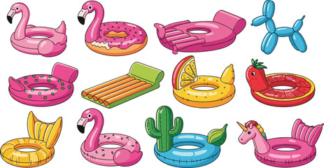 Inflatable pool float illustration, summer vector set, flamingo, unicorn, donut, fruit floats, fun swim accessories, colorful beach clipart © IconicCreations