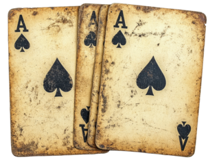 Three weathered, vintage Ace of Spades playing cards stacked slightly offset