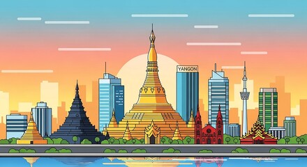 yangon skyline illustration city buildings and the shwedagon pagoda at sunrise a travel destination background for myanmar culture and southeast asia