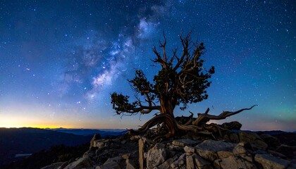 Majestic ancient bristlecone pine tree standing tall against the vibrant Milky Way on a starlit night, perfect for nature lovers and astronomy enthusiasts seeking inspiring imagery