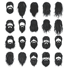 Digital illustrations of various dark hair & beard styles on white