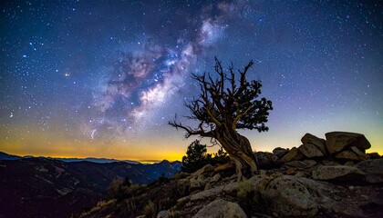 Stunning Milky Way panorama over ancient Bristlecone Pine, a breathtaking celestial display igniting wonder and inspiring travel, ideal for astronomy enthusiasts seeking adventure under starry skies