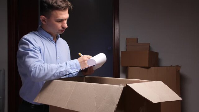 Man checking inventory list preparing cardboard boxes for shipping