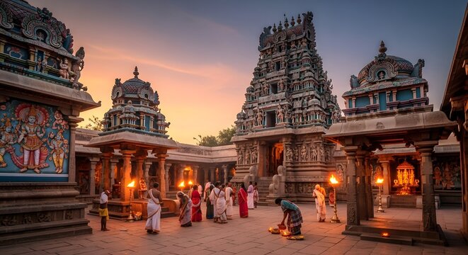Devotees gather for spiritual ceremony at ancient Hindu temple during twilight with vibrant torches illuminating ornate architecture
