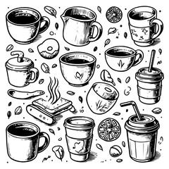 Obraz premium Coffee Mug and Snack Hand Drawn Pattern - Espresso Cups, Beans, Biscuits, and Cafe Drinks, Black and White Sketch Illustration