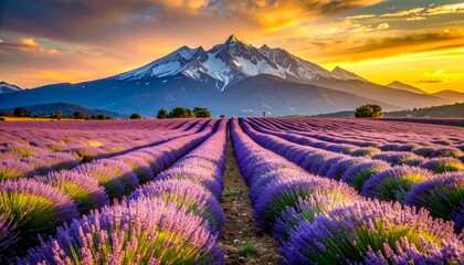 Naklejka premium Breathtaking lavender field meets majestic snow-capped mountain under a golden sunset, perfect for travel blogs, aromatherapy promotions, and serene landscape art prints, offering a calming escape