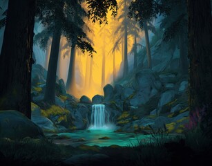 Fototapeta premium Enchanted forest scene with glowing waterfall surrounded by dark silhouetted trees and golden light streaming through dense woodland creating mystical fantasy landscape