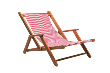 Red/white striped deck chair, wooden frame, angled view, isolated on black ground