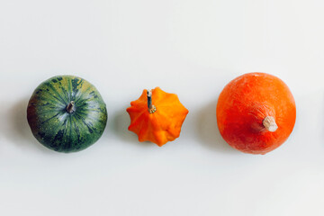 Three colorful pumpkins arranged in a row on light background, minimal autumn composition. Harvest and seasonal concept. Top view, flat lay