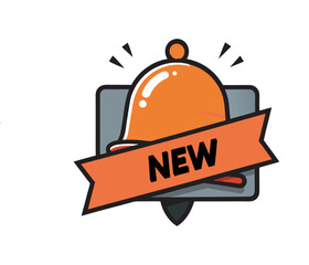 Fototapeta premium Bright orange new notification bell alert icon with ribbon symbolizing announcement vector
