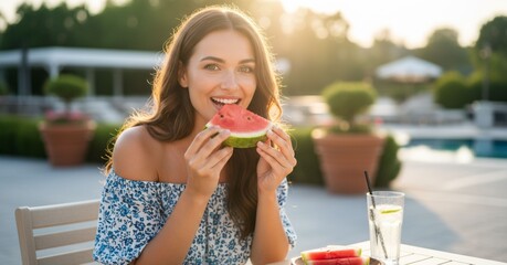 A smiling young woman eating a slice of watermelon outdoor 