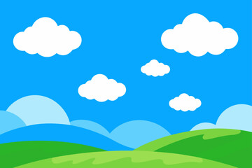 Cartoon landscape with hills and clouds in the sky