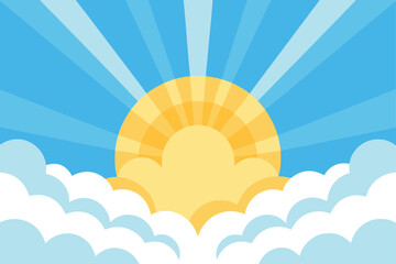 Illustration of sun shining above fluffy clouds