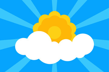 Cartoon sun and cloud with blue rays background art