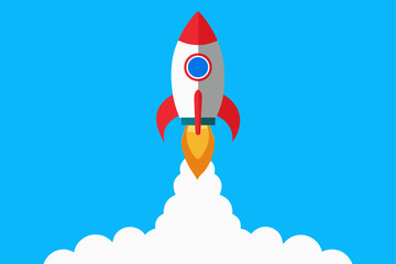 Illustration of a rocket launching into blue sky