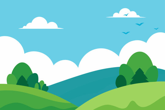 Landscape view with hills trees and clouds in sky