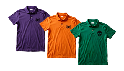 Halloween Polo Shirts PNG – Crest Emblems with Animal & Skull Graphics in Purple, Orange, Green