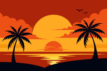 Sunset scene with palm trees and birds silhouette