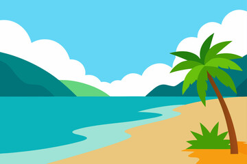 Cartoon beach scene with palm tree and blue ocean