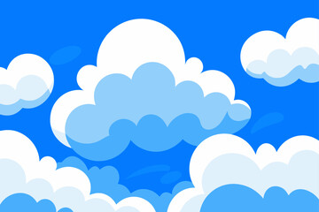 Cartoon clouds floating in a bright blue sky view