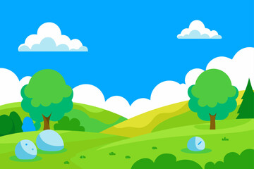 Obraz premium Cartoon landscape with trees hills and cloudy sky