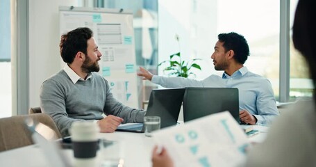 Group, business and meeting with people in office for accounting, graphs and financial feedback. Staff, explain and laptop for team discussion, finance document and chart information of profit growth - Powered by Adobe