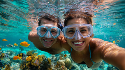 Fototapeta premium Couple snorkeling in coral reef, clear turquoise water, colorful fish around, underwater joy, travel adventure, tropical vacation, marine life exploration, freedom and excitement, 