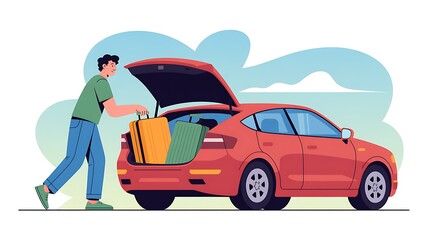 Man loading luggage into car trunk for travel, preparing for road trip isolated on white background