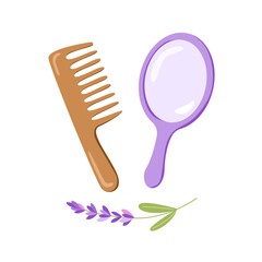 Flat vector illustration of a wooden comb and mirror, lavender branch. Design for natural hair care, beauty salon branding, tag, card