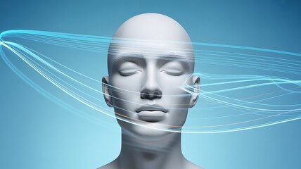 A mannequin head with blue light waves representing mental activity