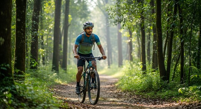 Determined cyclist conquers lush forest trail, embracing adventure and the vibrant outdoors with focus and energy