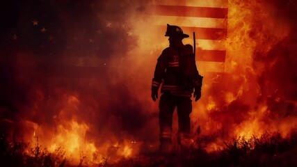 A firefighter stands amidst a fiery backdrop with the American flag in the background. The firefighter is silhouetted against the bright orange and red hues of the flames.