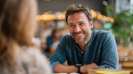 Man learning new language with tutor at café, books and laughter, curiosity and learning, cultural exchange, education and friendship, self development, intellectual joy, with copy