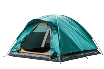 Turquoise tent with orange trim, open entrance, outdoors