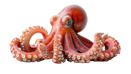 Vivid orange octopus with prominent eye and suckered tentacles on black
