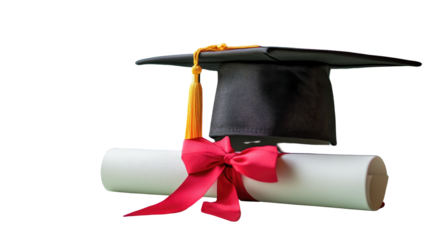 Graduation cap rests atop a diploma tied with a ribbon
