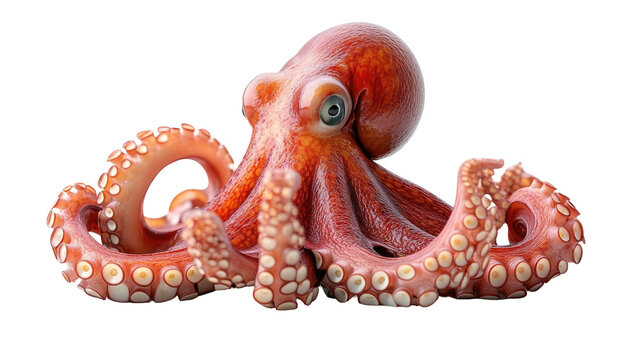 Vivid orange octopus with prominent eye and suckered tentacles on black