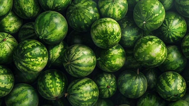 A closeup view of a large collection of watermelons, showcasing their vibrant green and yellow hues. The melons are densely packed together, creating a vibrant and lush backdrop.