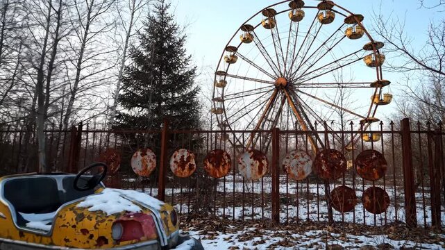 Rusty Ferris Wheel and Bumper Car in Snowy Abandoned Amusement Park