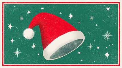Festive red Santa hat with white pom-pom floating against a green background filled with sparkling stars and holiday cheer, perfect for seasonal designs