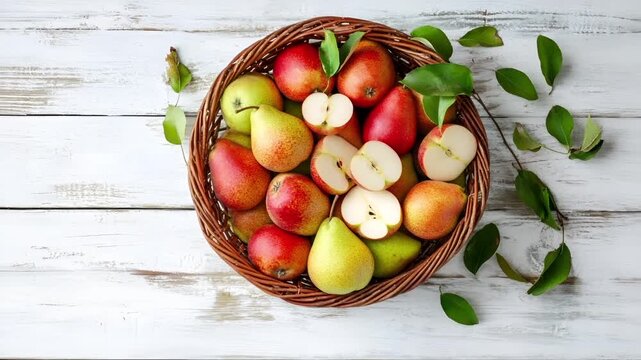 A topdown view of a wicker basket filled with ripe pears and red apples on a rustic wooden surface. The pears are a mix of green and yellow, while the apples are a vibrant red.