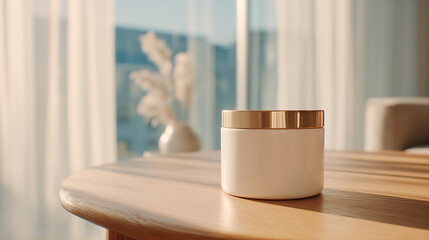 Elegant white cosmetic jar with gold lid placed on wooden table, illuminated by natural light, creating a serene and inviting atmosphere