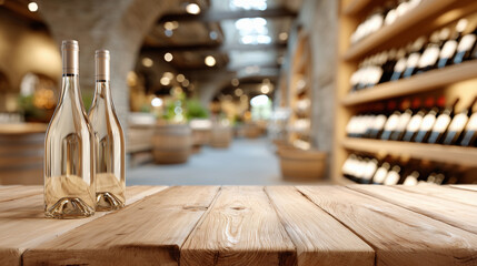 Two elegant wine bottles are placed on a wooden table in a rustic wine cellar, showcasing the ambiance of a sophisticated tasting environment
