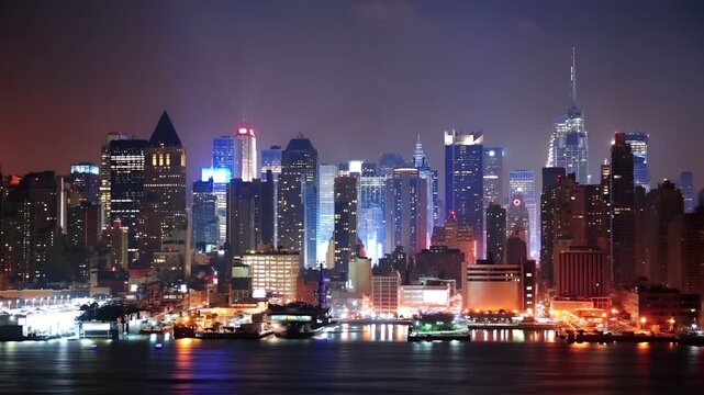 A nighttime cityscape photograph showcasing a city skyline with skyscrapers illuminated in various shades of blue and red. The cityscape is set against a dark sky.
