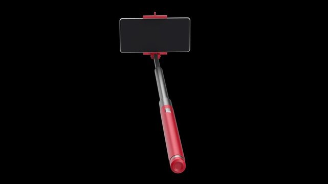 Smartphone on selfie stick on black background