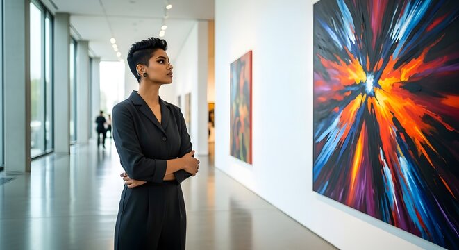 Stylish woman thoughtfully observing vibrant abstract art in a modern gallery setting, appreciating culture and creativity